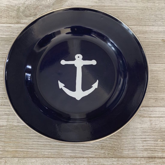 Navy Blue Enamelware Dinner or Serving Plate with White Anchor in Center