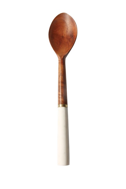 A Serving Spoon with Marble Handle and Wood Bowl with Brass Trim